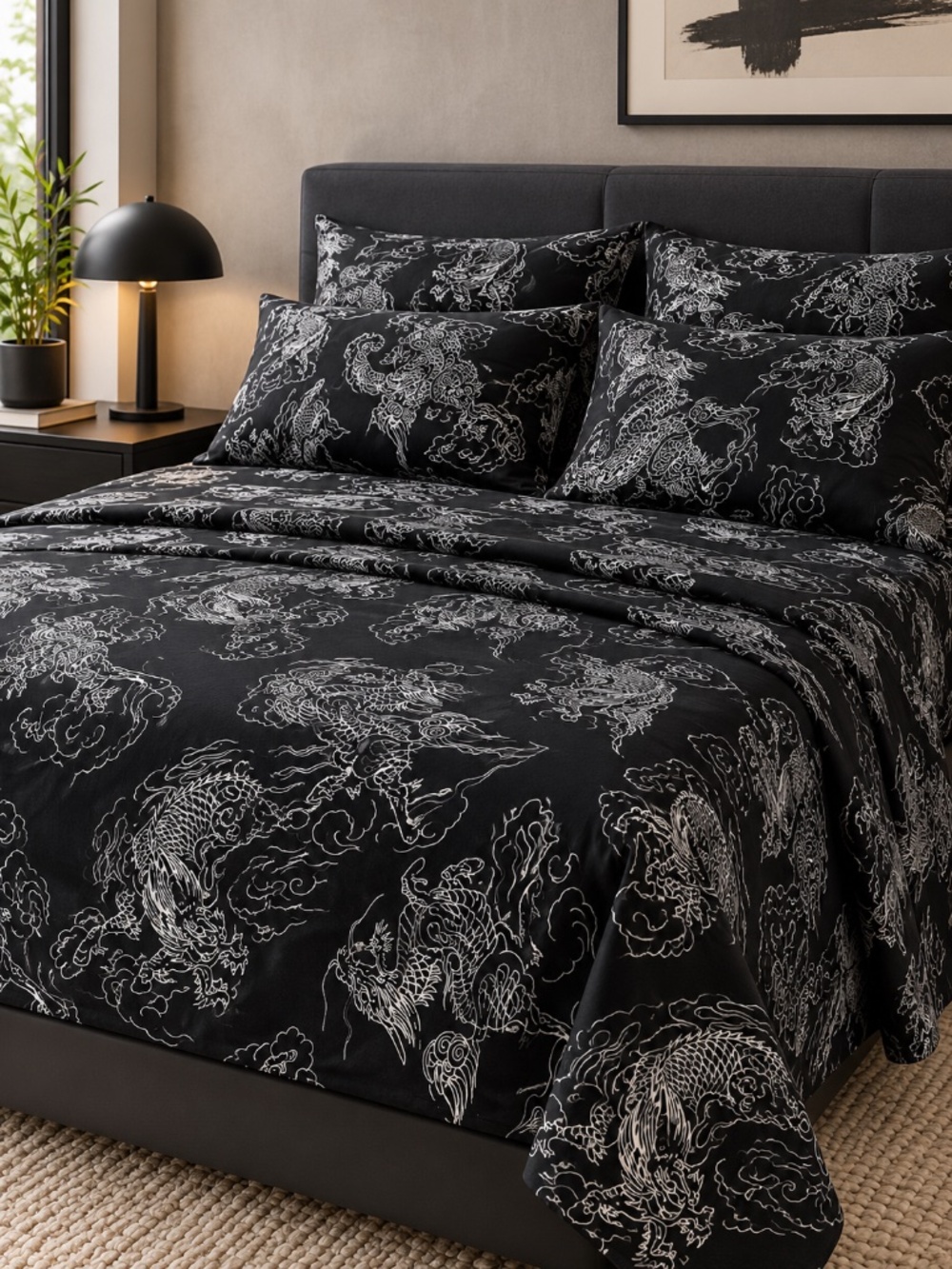 Ed Hardy Queen 6 Piece Sheet Set Black White Dragon Tattoo Print 4 Pillowcases